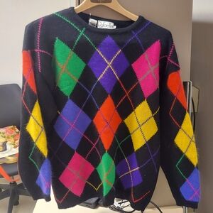 Vintage Rafaella Angora Rabbit Hair Argyle Sweater Women’s Med 80s 90s Colorful